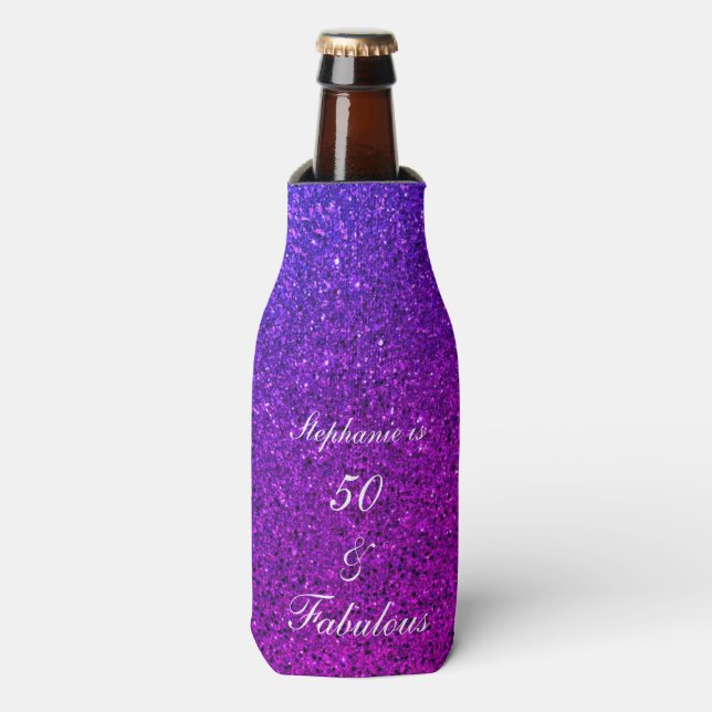 50 And Fabulous Birthday Ombre Pink Purple Glitter Bottle Cooler (Bottle Front)