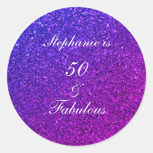 50 And Fabulous Birthday Ombre Pink Purple Glitter Classic Round Sticker (Front)
