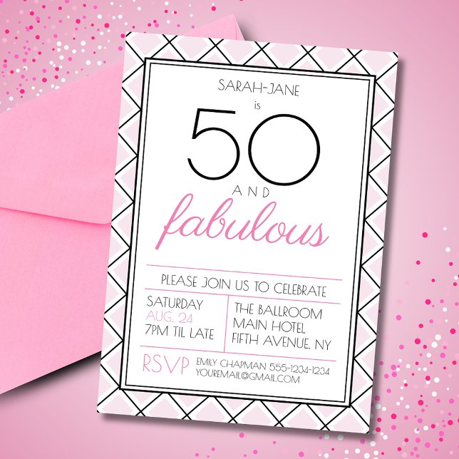 50 and fabulous birthday party invitation (50 and fabulous birthday invitation with art deco style checkered background.)