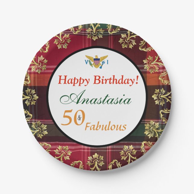 50 and Fabulous Birthday Party Madras Paper Plate (Front)