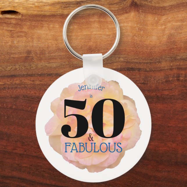 50 and Fabulous Birthday Party Pale Peach Rose Key Ring (Front)