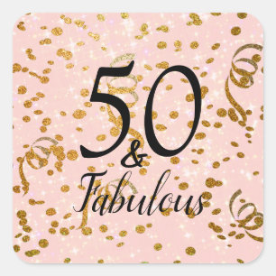 50 and Fabulous Birthday Party Pink Gold Confetti Square Sticker