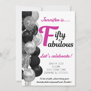 50 and fabulous birthday pink and black balloons invitation
