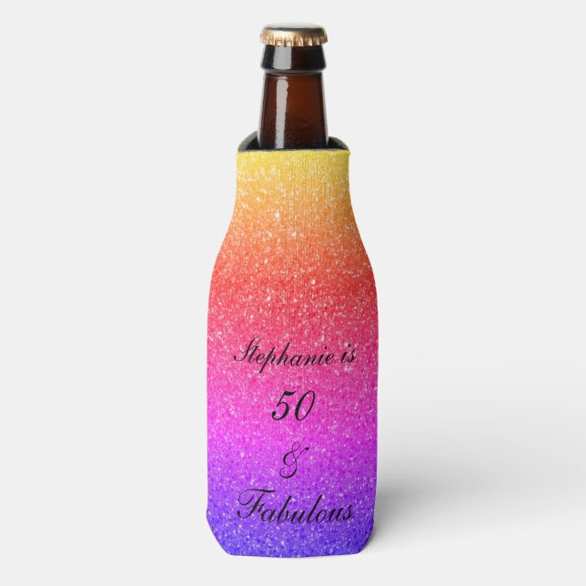 50 And Fabulous Birthday Pink Black Purple Glitter Bottle Cooler (Bottle Front)