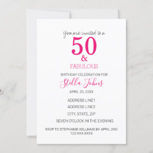 50 And Fabulous Birthday Pink Fuchsia White Invitation
