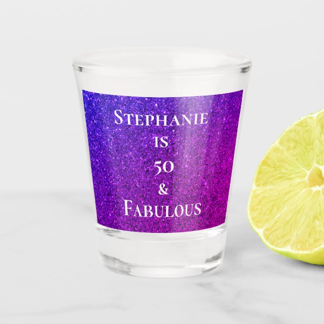 50 And Fabulous Birthday Pink Purple Glitter 2023 Shot Glass (Front)