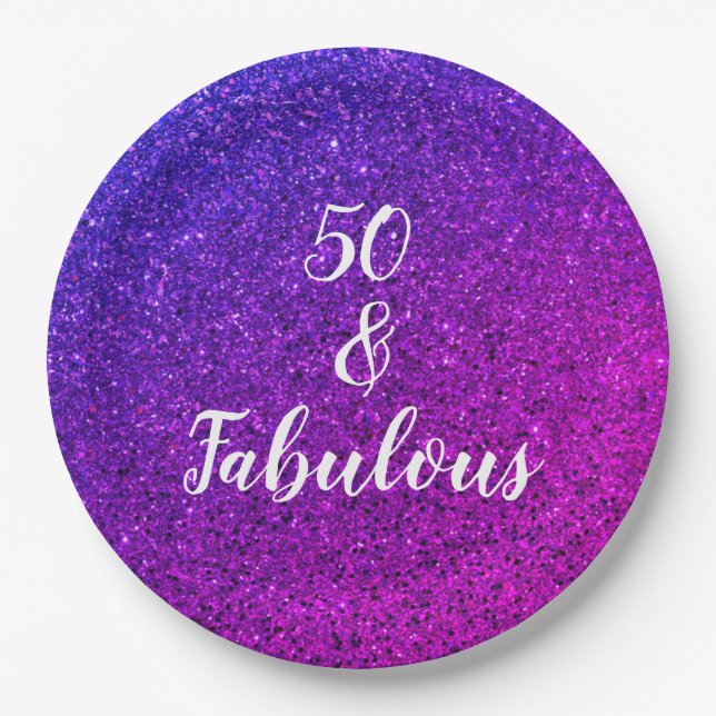 50 And Fabulous Birthday Pink Purple Glitter Cool Paper Plate (Front)