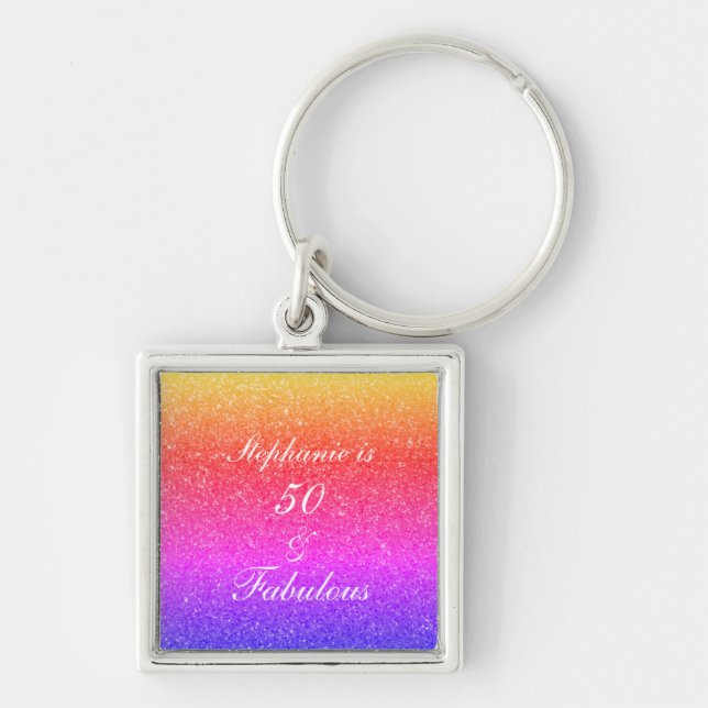 50 And Fabulous Birthday Pink Purple Glitter Ombre Key Ring (Front)