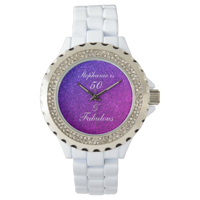 50 And Fabulous Birthday Pink Purple Glitter Ombre Watch (Front)