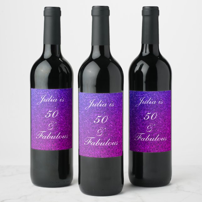 50 And Fabulous Birthday Pink Purple Glitter Ombre Wine Label (Bottles)