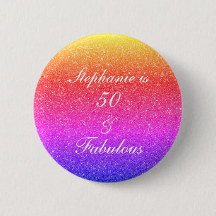 50 And Fabulous Birthday Pink Purple Glitter White 6 Cm Round Badge