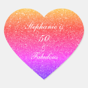 50 And Fabulous Birthday Pink Purple Glitter White Heart Sticker