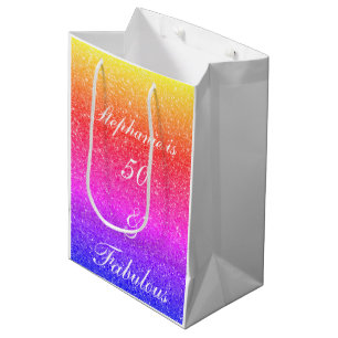 50 And Fabulous Birthday Pink Purple Glitter White Medium Gift Bag