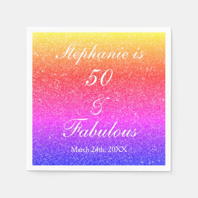 50 And Fabulous Birthday Pink Purple Glitter White Napkin (Front)