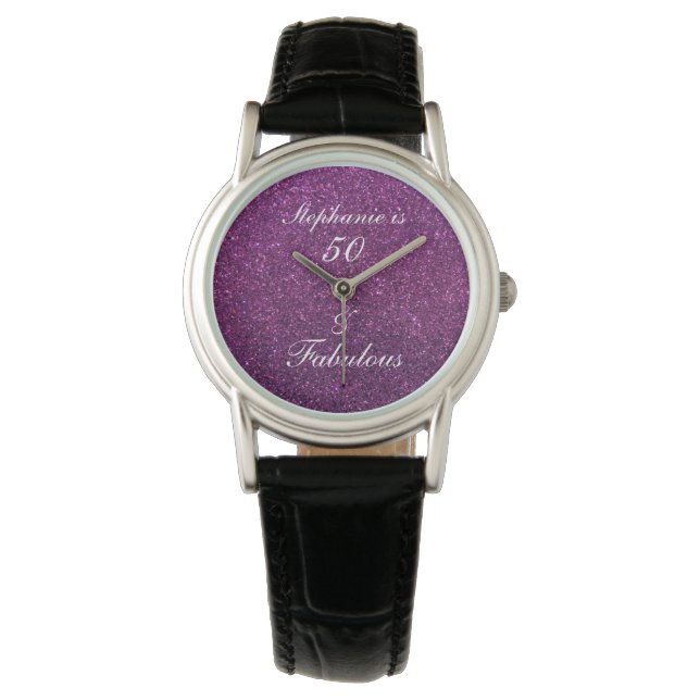 50 And Fabulous Birthday Pink Purple Glittery Cute Watch (Front)