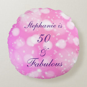 50 And Fabulous Birthday Pink Purple Glittery Round Cushion