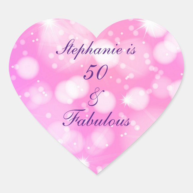 50 And Fabulous Birthday Pink Rose Purple Glittery Heart Sticker (Front)