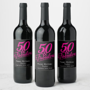50 and Fabulous Birthday Pink Script Custom Wine Label