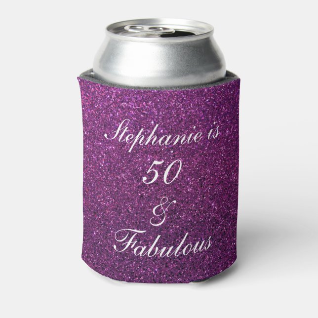 50 And Fabulous Birthday Purple Glitter Ombre Chic Can Cooler (Can Back)