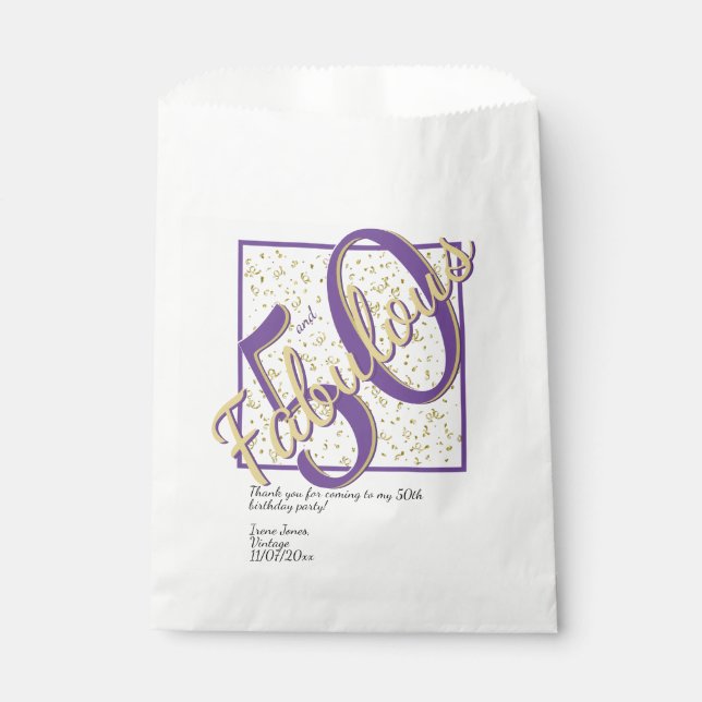 50 and Fabulous birthday Purple/Gold Fancy Script Favour Bag (Front)