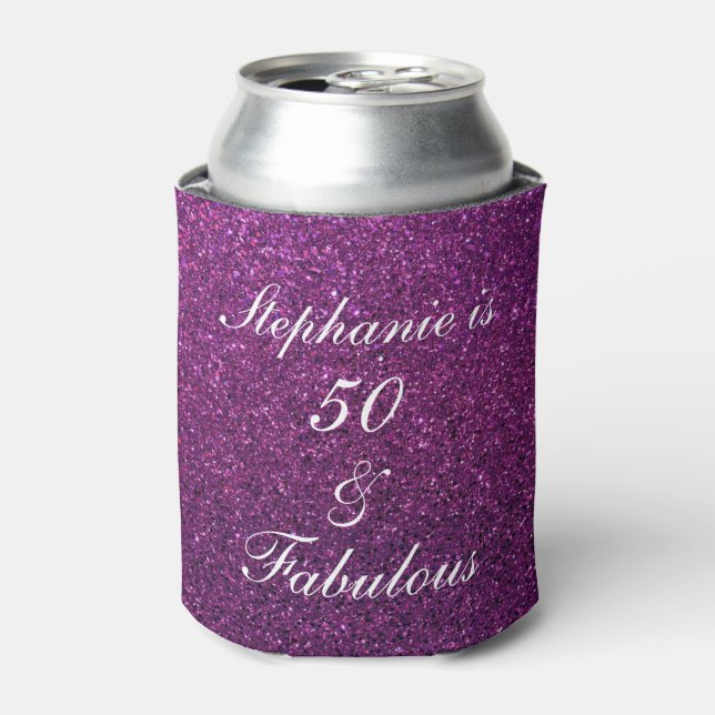 50 And Fabulous Birthday Purple White Glitter Cute Can Cooler (Can Front)