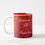 50 And Fabulous Birthday Red Glitter White Modern Two-Tone Coffee Mug<br><div class="desc">Designed with pretty,  girly and beautiful red glittery background and personalised text template for name which you can edit,  this is perfect for the 50th birthday celebrations or gift!</div>