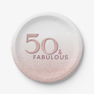 50 and Fabulous Birthday Rose Gold Glitter Paper Plate
