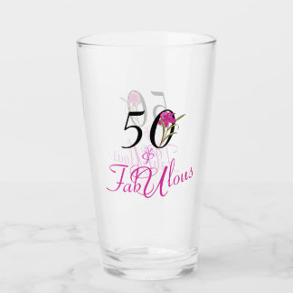 50 and Fabulous Birthday with Pink Flower Accent Glass