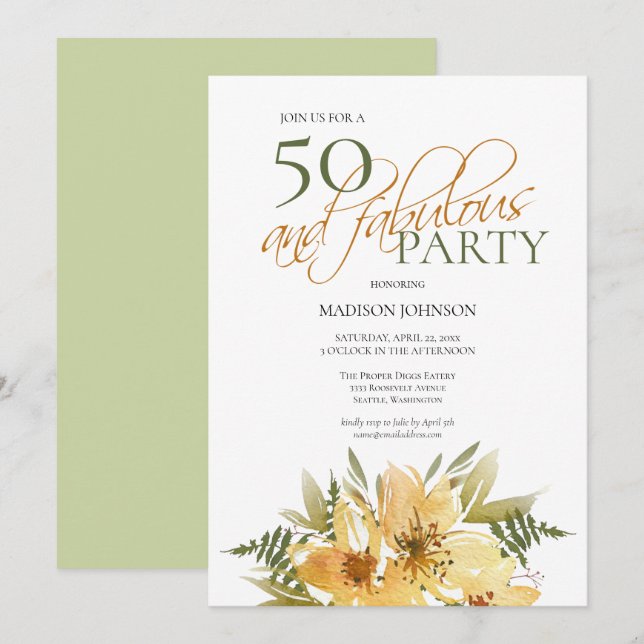 50 and Fabulous Birthday Yellow and Green Floral Invitation (Front/Back)