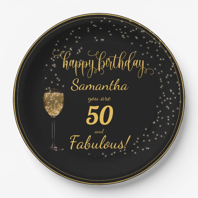 50 and Fabulous Black and Gold Birthday Paper Plate (Front)