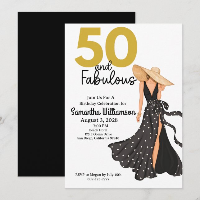 50 and Fabulous Black and Gold Birthday Party Invitation (Front/Back)