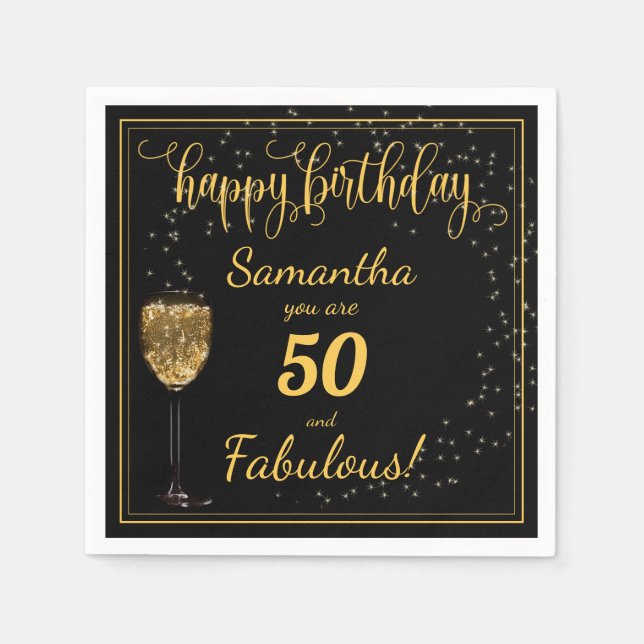 50 and Fabulous Black and Gold Birthday Template Napkin (Front)