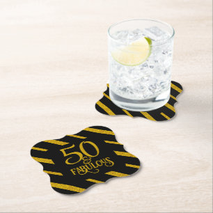 50 and Fabulous Black and Gold Paper Coaster