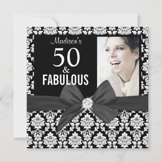50 and Fabulous black damask Photo | 50th Birthday Invitation (Front)