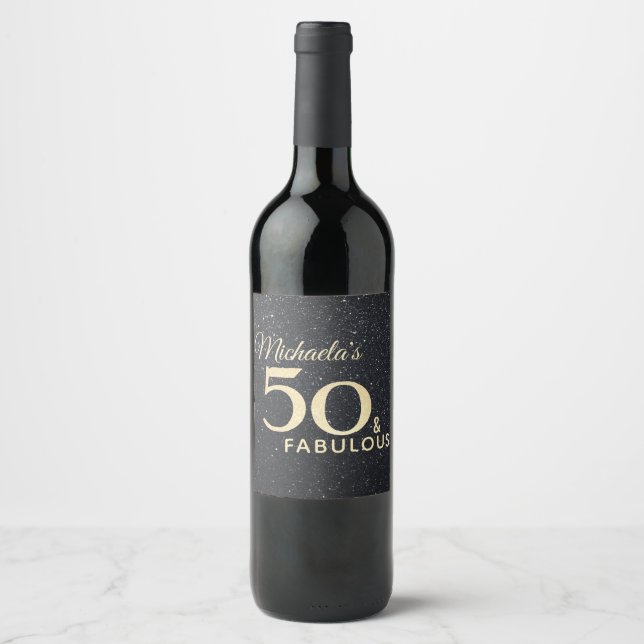 50 and Fabulous Black Gold 50th Birthday Modern Wine Label (Front)
