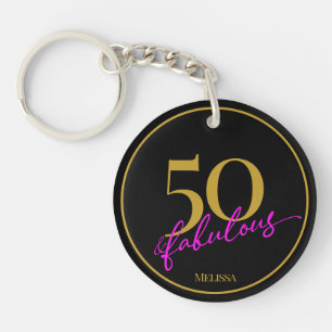 50 and Fabulous Black Gold and Pink Customisable Key Ring