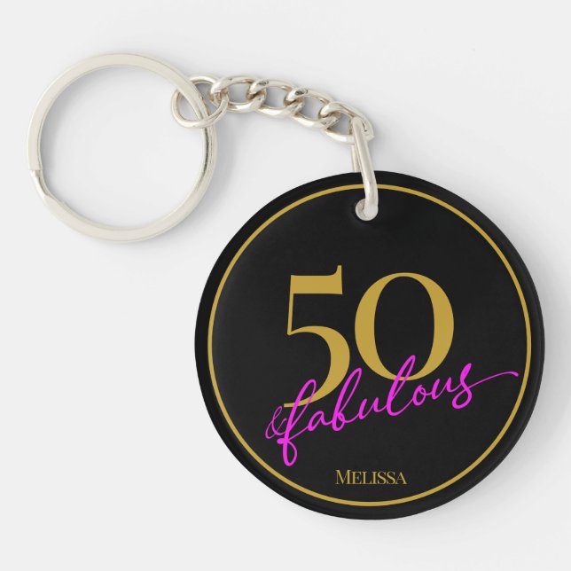 50 and Fabulous Black Gold and Pink Customisable Key Ring (Front)