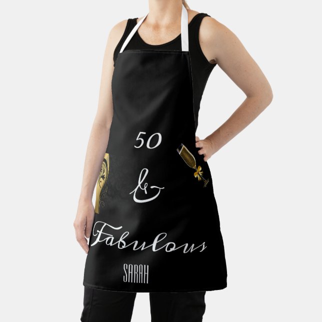 50 and Fabulous Black Gold Birthday Name Apron (Insitu)