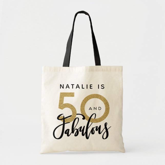 50 and fabulous black gold birthday tote bag (Front)