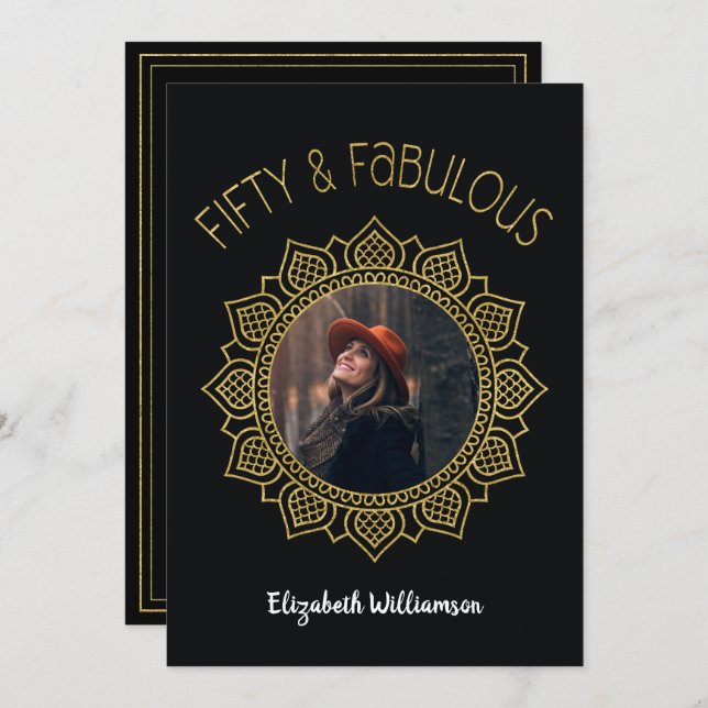 50 and Fabulous Black Gold Elegant Party Invitation (Front/Back)