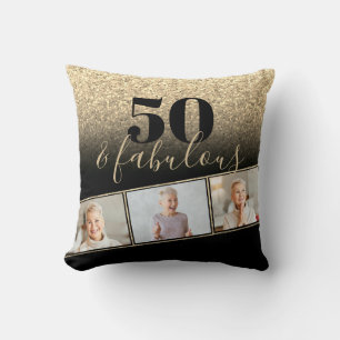 50 and Fabulous Black & Gold Faux Glitter Photo Cushion
