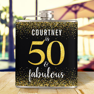 50 and fabulous black gold glitter script name hip flask