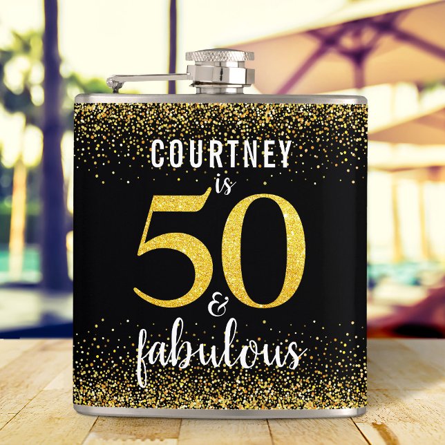 50 and fabulous black gold glitter script name hip flask (Creator Uploaded)