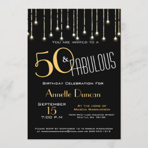 50 and Fabulous Black Gold Lights Glam Invitation