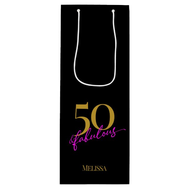 50 and Fabulous Black Gold Pink Wine Gift Bag (Front)
