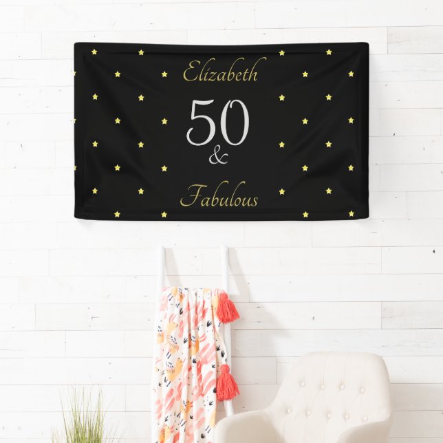 50 and Fabulous Black Gold Stars 50th Birthday Banner (Insitu)