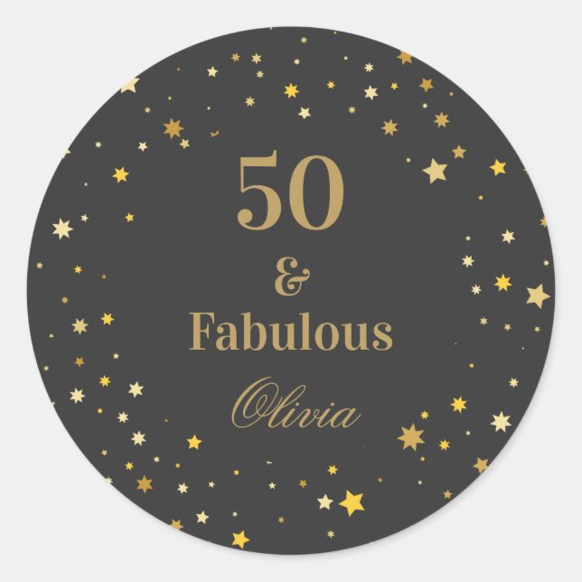 50 and Fabulous Black Golden Birthday Party Classic Round Sticker (Front)