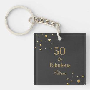 50 and Fabulous Black Golden Birthday Party Key Ring