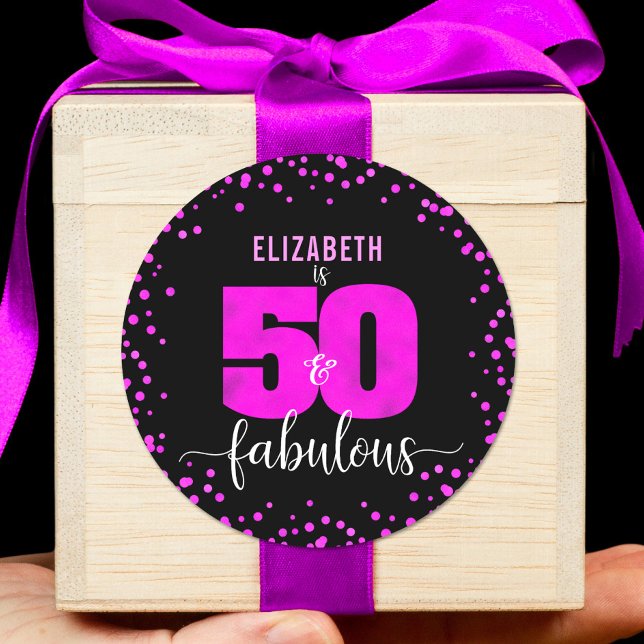 50 and fabulous black hot pink dots bold birthday classic round sticker (Creator Uploaded)