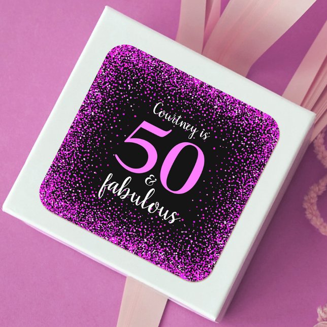 50 and fabulous black hot pink script name sparkly square sticker (Creator Uploaded)